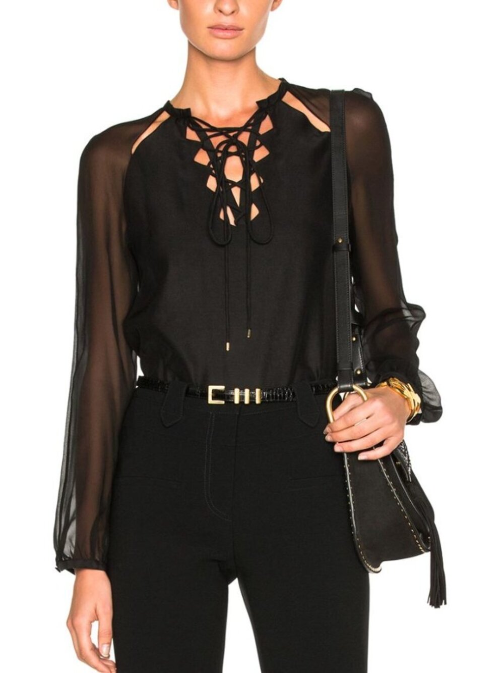ALTUZARRA Benny Lace Up Top Blouse Black 100% Silk Size 42 / 10